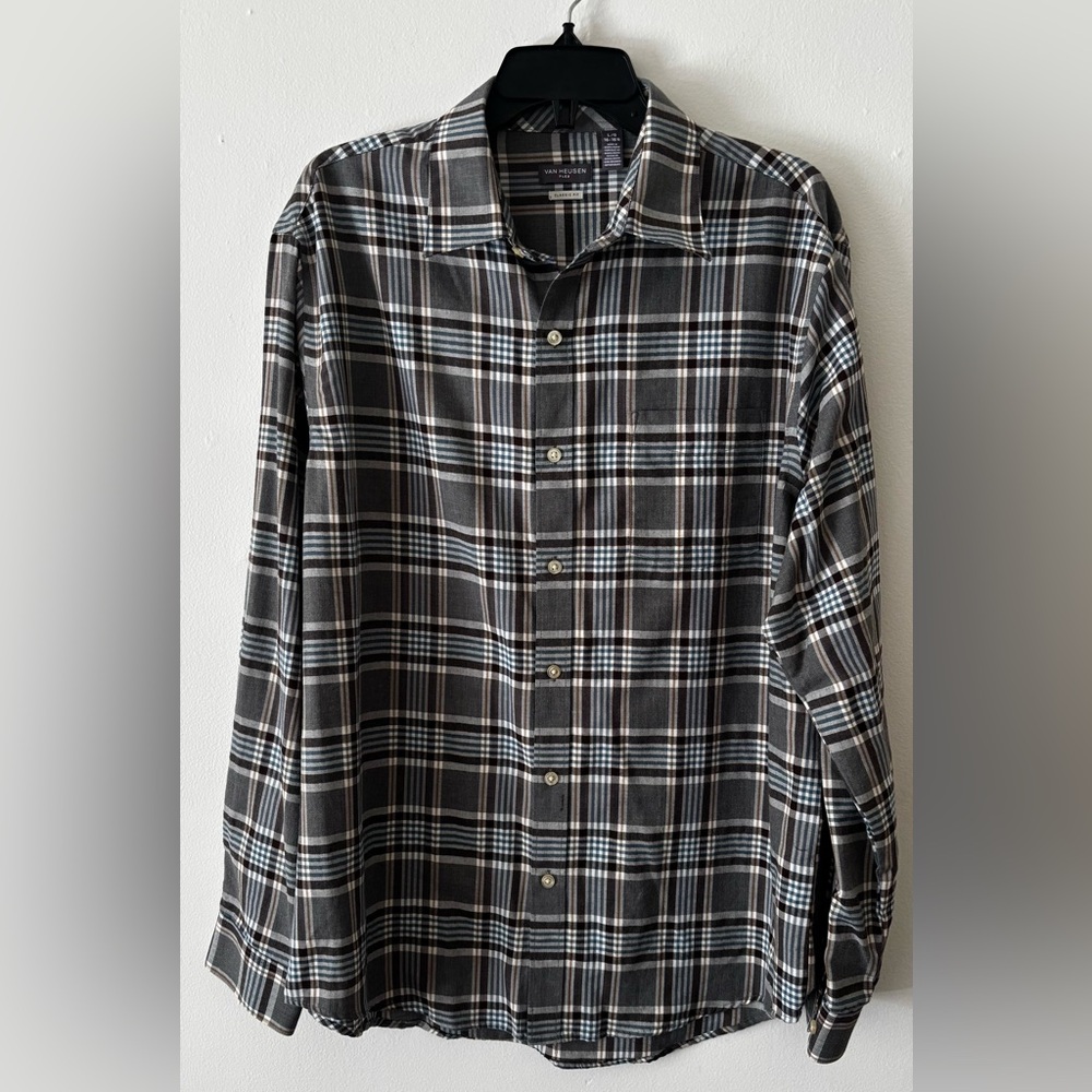 Van Heusen Flex Gray and Brown Plaid Casual Button Down Shirt large